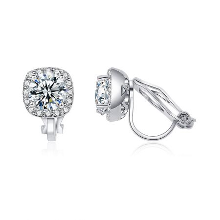 Angled view of the clip-on cubic zirconia square stud earrings, highlighting the brilliant facets of the stones.