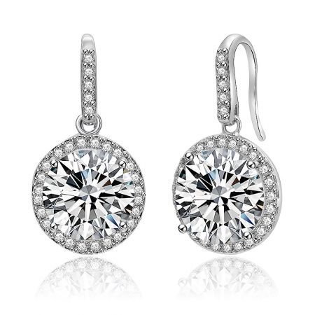 A pair of elegant Double Round Dangle Earrings with a halo design, featuring brilliant clear cubic zirconia.