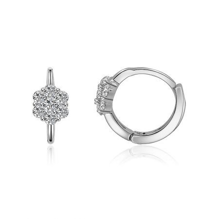 A side view of the Floral Clear CZ Huggie Earring, highlighting the clear gemstones and hoop design.