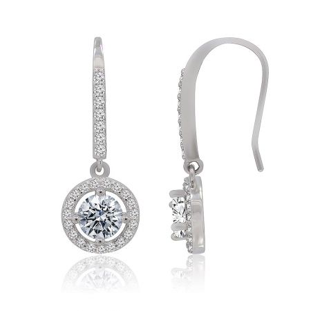 Detailed side view of the sterling silver hook earrings with clear gemstones.