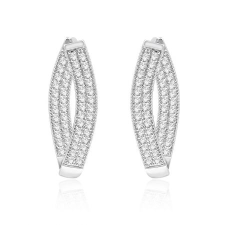 Large Oval Hoop With Clear CZ Earrings - Large Oval Hoop Earrings with a three-line pave design of clear cubic zirconia stones, featuring a polished rhodium-plated finish.