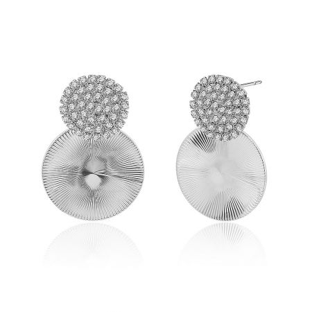 Detailed shot of the Round Disc Drop Earrings highlighting the clear gemstones and the two-part design with a textured lower disc.