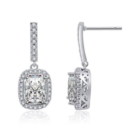 Side view of the sophisticated rectangle drop earrings, showcasing the sparkling clear gemstones and silver-tone post-back closure.