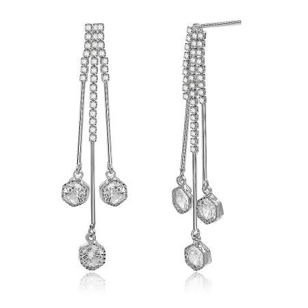 Angled view of the Triple Clear Round Long Drop Earrings, displaying the elegant triple-strand design.