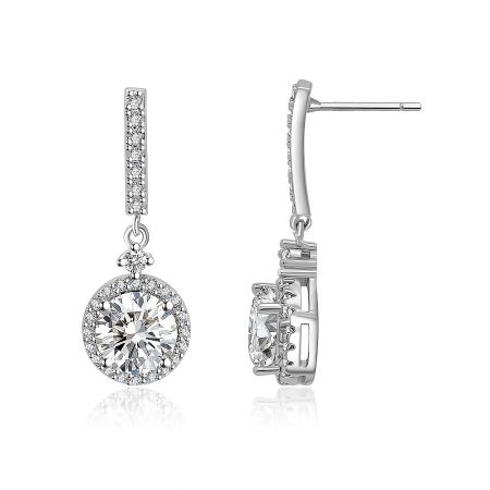 A pair of White CZ Round Drop Earrings showing the post-back closure and the intricate circular gemstone setting.