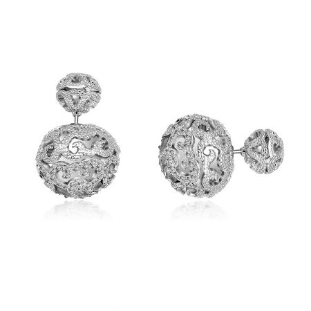 Double ball pave diamond front back earrings in sterling silver.