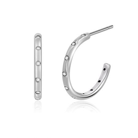 A pair of Better Half Dot silver earrings, showing both the bar and hoop styles adorned with clear stones.