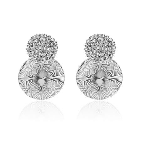 Round Disc Drop Earrings - A pair of Round Disc Drop Earrings made of rhodium-plated brass, featuring sparkling clear crystal clusters.