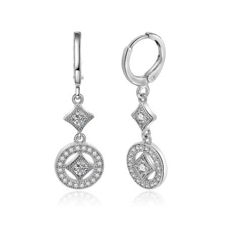 Close-up of the elegant drop earrings, highlighting the lever-back clasp and the intricate setting of the cubic zirconia stones.