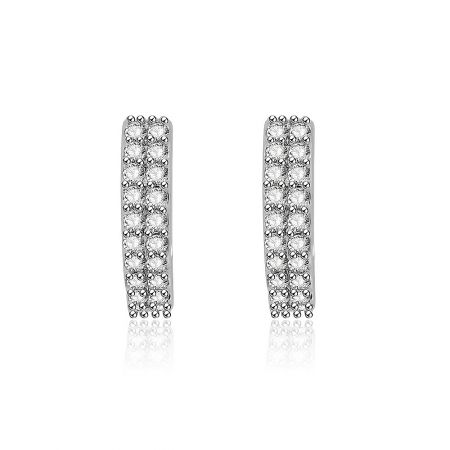 Double Row Pave Set Huggie Earrings - A close-up view of the Double Row Pave Set Huggie Earrings, showcasing the two rows of brilliant white cubic zirconia stones on a rhodium-plated brass base.