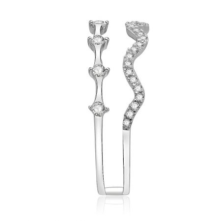 A pair of elegant silver earrings featuring a wavy, diamond-encrusted design, illustrating a potential matching set for the Tiara Wave Band Ring.
