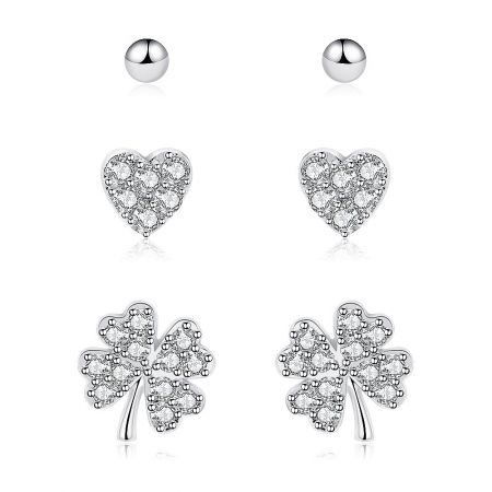 3 Pairs 5mm Tiny Heart 3mm Ball Bead & Small Clover Leaf Stud Earrings Set - A set of three rhodium-plated stud earrings featuring a tiny heart, a ball bead, and a clover leaf, all with sparkling cubic zirconia accents.