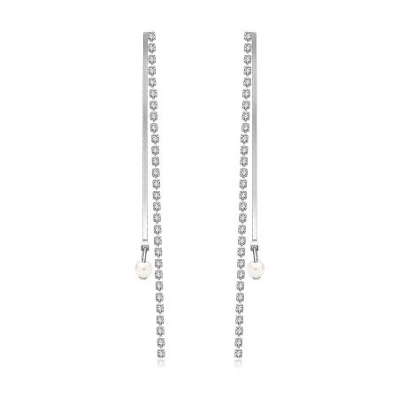Sparkling Bar Pearl Linear Drop Earrings - A pair of Sparkling Bar Pearl Linear Drop Earrings, showcasing the silver rhodium-plated bar set with clear cubic zirconia and a lustrous white pearl at the end.