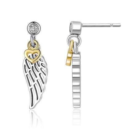 Two angles of the silver wing and gold heart charm earrings, showcasing the detailed craftsmanship.