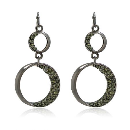 Charcoal Gray Crystal Round Earrings - A pair of Charcoal Gray Crystal Round Earrings with silver rhinestone crowns, showcasing their elegant drop design.