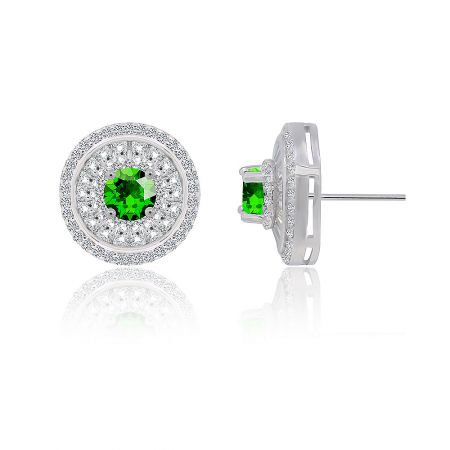Front and back view of the emerald cubic zirconia stud earrings, showcasing the silver setting and post closure.