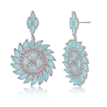Side angle of the silver Blue Rounded Radiant CZ Earring, highlighting the intricate floral pattern and light blue gemstones.