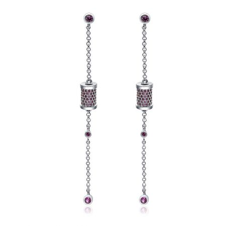 Elegance Linear Dangle Chain Earring - A pair of Elegance Linear Dangle Chain Earrings, made of silver-tone metal with pink cubic zirconia accents, featuring a multi-component design with a top gemstone, a cylindrical section, and dangling chain elements.
