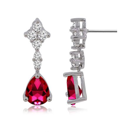 Detailed view of the pear-shaped red dangle earrings, showcasing the intricate setting of the red and white cubic zirconia stones.