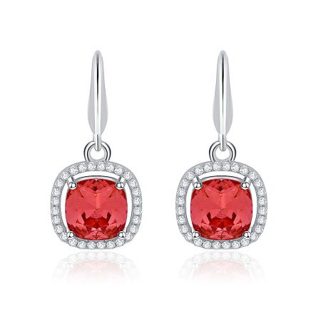 Square Pave Cushion Red Crystal Earrings - A pair of Square Pave Cushion Red Crystal Earrings in 925 sterling silver, featuring a central red gemstone surrounded by a pave of clear crystals.