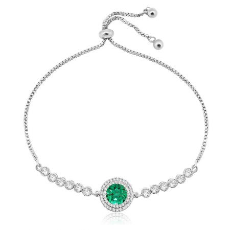 Wholesale Mint Opal Tennis Adjustable Bracelet - A close-up of the Wholesale Mint Opal Tennis Adjustable Bracelet, showcasing the central green opal glass stone surrounded by a double halo of white cubic zirconia stones on a rhodium-plated brass chain.