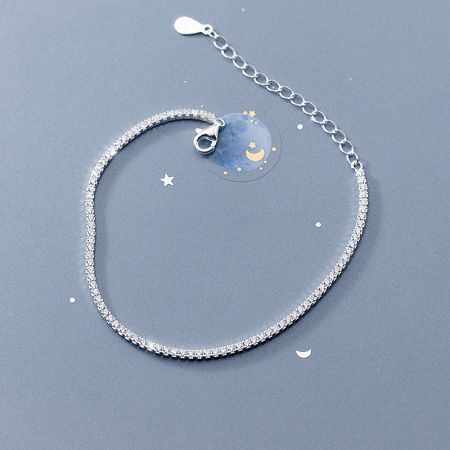 925 Sterling Silver 2mm Cubic Zirconia Tennis Chain Bracelet Set of 5 - A close-up of a 925 sterling silver tennis bracelet from a set of five, featuring a continuous line of sparkling 2mm cubic zirconia stones.