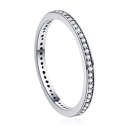 A detailed side view of the silver eternity ring, showcasing the continuous setting of the cubic zirconia stones.