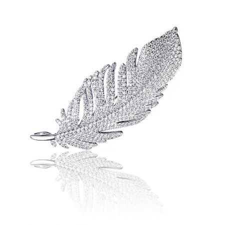 Statement Leaf Branch Cubic Zirconia Brooch - Elegant Statement Leaf Branch Brooch with sparkling cubic zirconia stones, showcasing its intricate feather-like design.