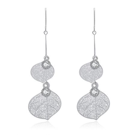 Cubic Zirconia Leaf Vein Dangle Earrings - Cubic Zirconia Leaf Vein Dangle Earrings, showcasing a pair of silver filigree earrings with clear gemstones.