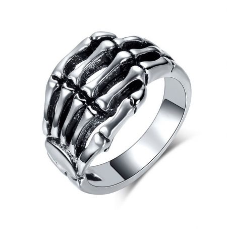 Skull Ring For Men - A detailed close-up of the stainless steel Skull Ring for Men, model Men-052, showcasing its intricate clenched fist design and polished steel finish.