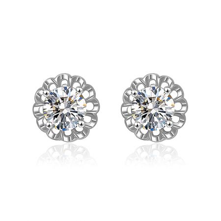6mm Brilliant Cut CZ Stone Stud Earring - A pair of 6mm Brilliant Cut CZ Stone Stud Earrings featuring clear gemstones in silver floral metal settings.