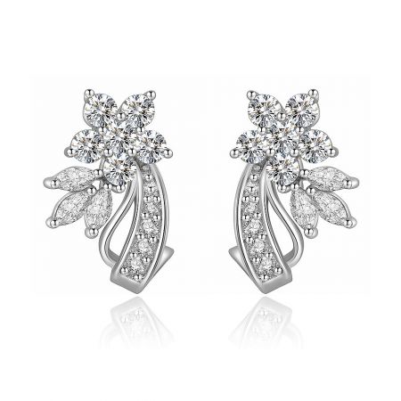 Clear Cubic Zirconia Cocktail Earring - A pair of Clear Cubic Zirconia Cocktail Earrings featuring a silver floral design with sparkling clear gemstones, shown on a clean white background.