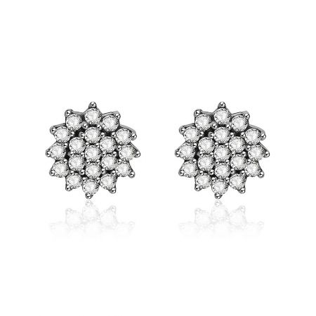 Silver Flower Clear CZ Stud Earrings - A pair of 925 sterling silver flower stud earrings, intricately designed with clear cubic zirconia stones, shown on a clean white background.