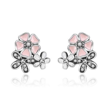 Silver Flower Earrings in White and Pink Enamel - A pair of Silver Flower Stud Earrings with delicate white and pink enamel, crafted from 925 sterling silver and adorned with sparkling cubic zirconia.