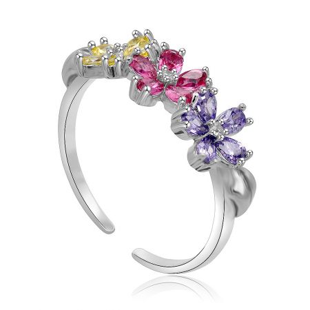 Top-down view of the adjustable Triple Color CZ Floral Ring, displaying its open-ended design and the arrangement of colorful gemstones.