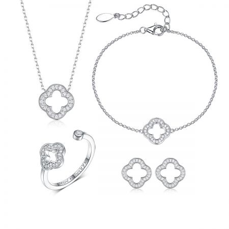 Wholesale 925 Sterling Silver CZ Lucky Clover Jewelry Set for Women (Set of 5) - Complete 925 sterling silver lucky clover jewelry set for women, including a necklace, bracelet, earrings, and ring with sparkling CZ stones.
