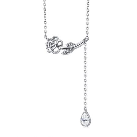 Full view of the Modern Camellia Flower Necklace with CZ Drop on a clean white background.