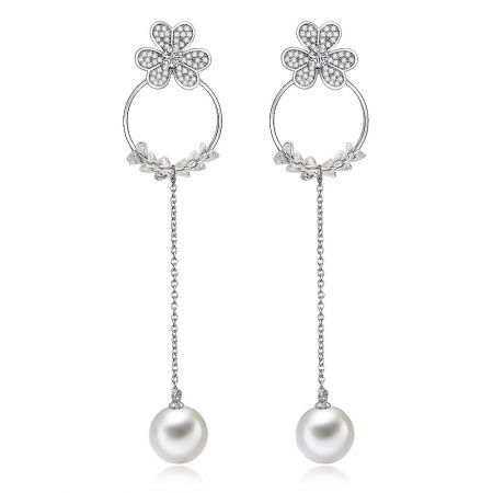 Clover Shape Long Earrings With Pearl - A pair of Clover Shape Long Earrings with Pearl, showcasing a detailed silver floral and leaf design accented with clear cubic zirconia stones and a prominent white pearl.
