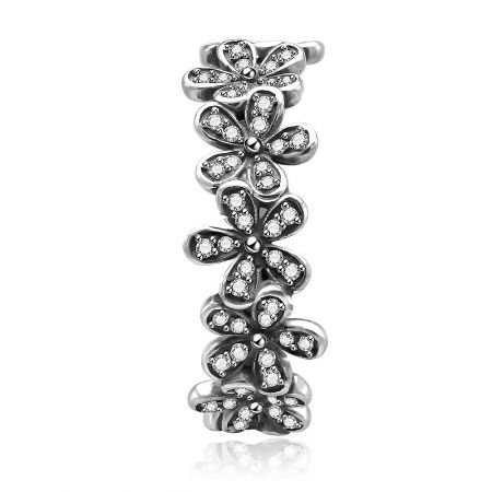 Sterling Silver Dazzling Daisy Band Ring - Close-up of the Sterling Silver Dazzling Daisy Band Ring, showcasing its intricate floral design with multiple stacked daisy elements adorned with sparkling cubic zirconia.