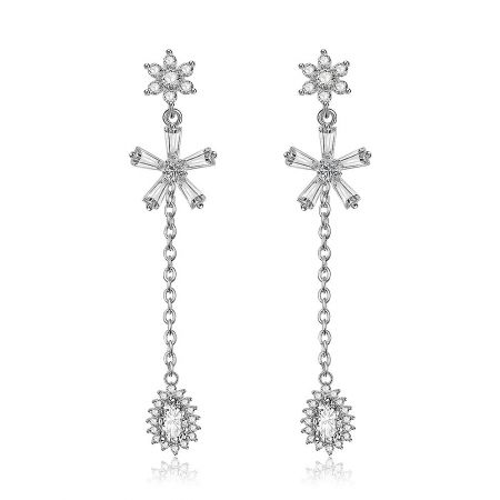 Clear Pear Drop Dangle Chandelier Earrings - A pair of Clear Pear Drop Dangle Chandelier Earrings with an intricate floral and stellar design, crafted from rhodium-plated brass and adorned with sparkling clear AAA cubic zirconia stones.