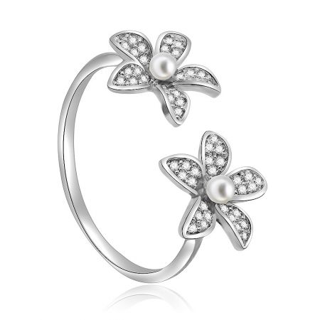 A detailed side view of the Double Daisy Flower Ring, highlighting the sparkle of the cubic zirconia pave setting.
