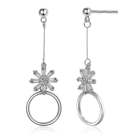 A full pair view of the silver flower-shaped earrings with circular hoops, highlighting their elegant design.