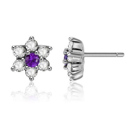 Front and side view of the silver flower amethyst stud earrings, showcasing the post closure and setting depth.