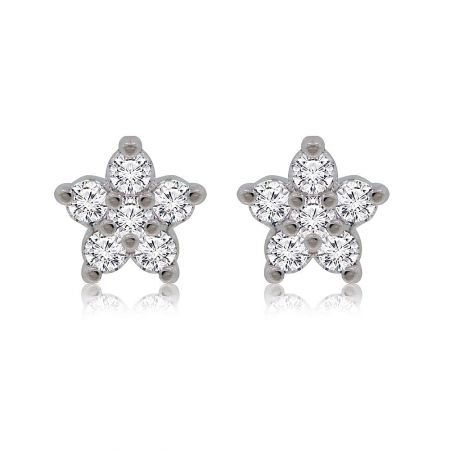 Shinning Star Stud Earrings - A pair of silver star-shaped Shinning Star Stud Earrings, each adorned with sparkling white cubic zirconia stones, on a white background.