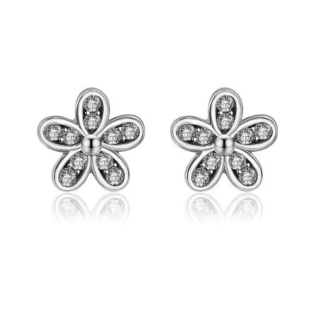 Silver Morning Dew Flower Earring - A pair of Silver Morning Dew Flower Earrings made from 925 sterling silver, featuring a detailed floral design with sparkling clear cubic zirconia gemstones.