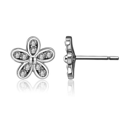 Close-up view of the silver flower-shaped earring showcasing the clear gemstone details.