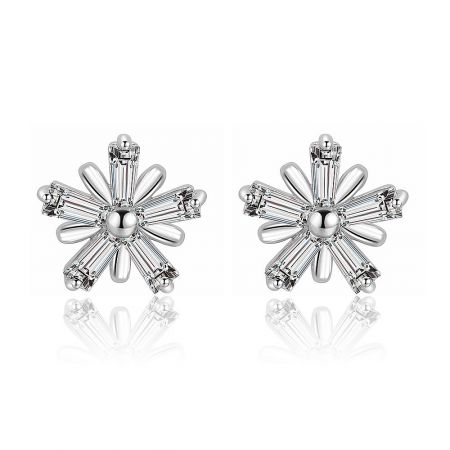 Zirconia Snow Star Earring - Zirconia Snow Star Earring featuring a floral snowflake design with clear cubic zirconia gemstones on a rhodium-plated brass base.
