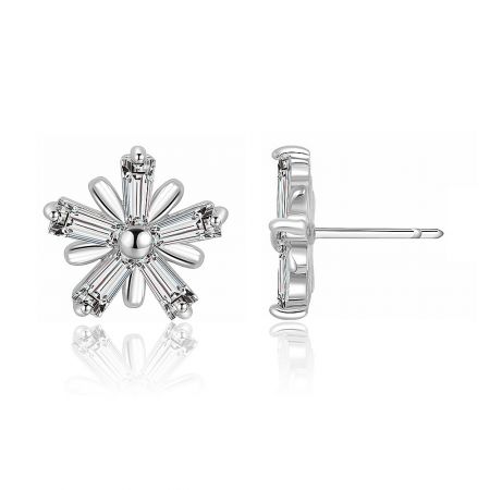 A pair of Zirconia Snow Star Earrings showcasing their intricate snowflake shape and sparkling clear gemstones.