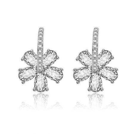 Crystal Hibiscus Flower Drop Earrings in Rhodium