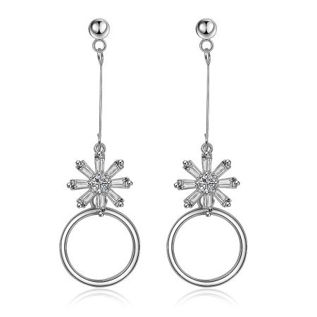 Elegant Baguette Cluster CZ Dangle Earrings - Elegant silver dangle earrings featuring a flower-like cluster of baguette and central cubic zirconia stones, with a large open hoop.